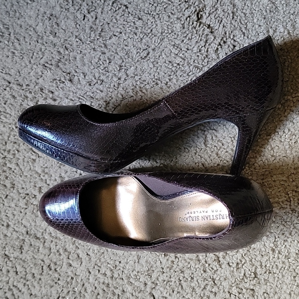 Christian Siriano dark purple snake skin patterned heels